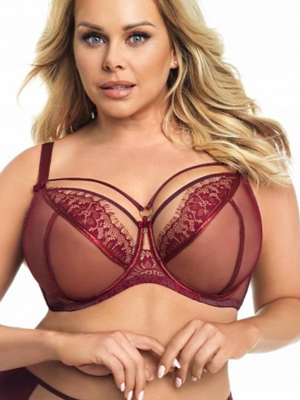 Plus-Size Lace & Sheer Strappy Bra in Deep Burgundy